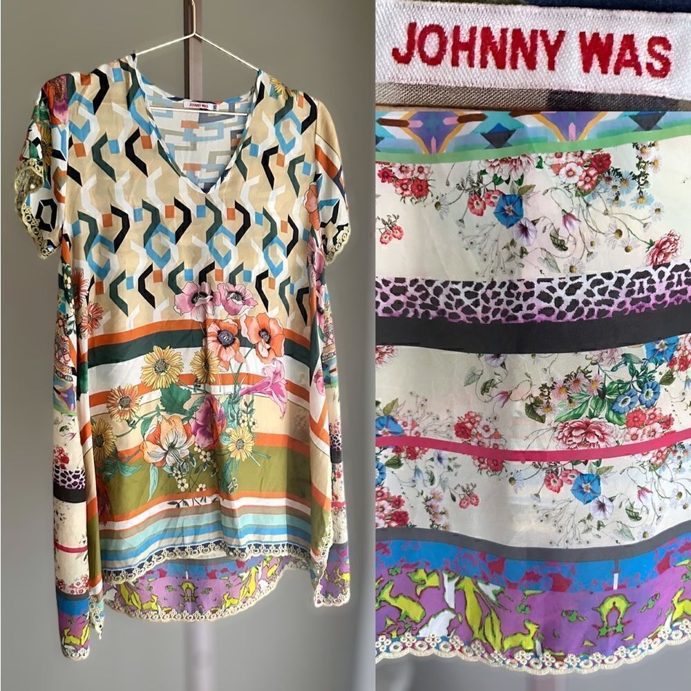 Johnny Was Silk Mixed Print Tunic with embroidered Hem detail size XS